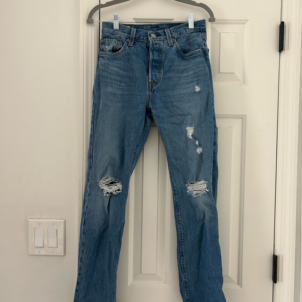 Levi's Blue Straight Leg Jeans with Distressed Details